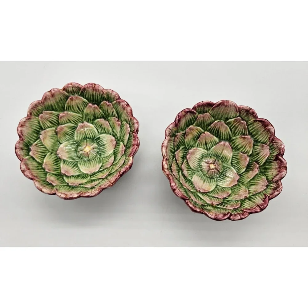 Fitz & Floyd 1991 Artichoke Bowls Set of 2 Green Purple Ceramic Botanical Decor